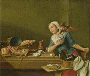 Kuchenstillleben mit weiblicher Figur und Papagei, Peter Jakob Horemans